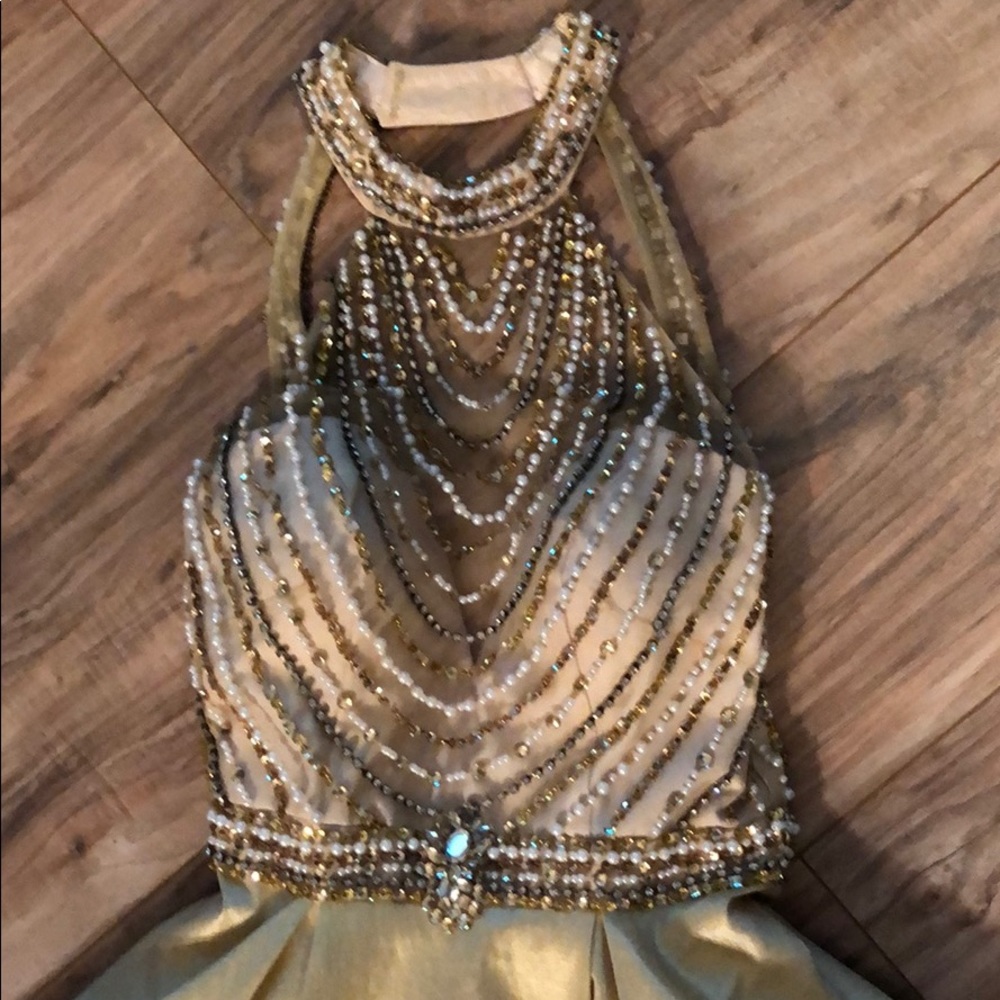 Gold chiffon long formal dress with pockets